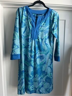 UPF Cabana Life Blue Tropical Print Long Sleeve Shift Dress